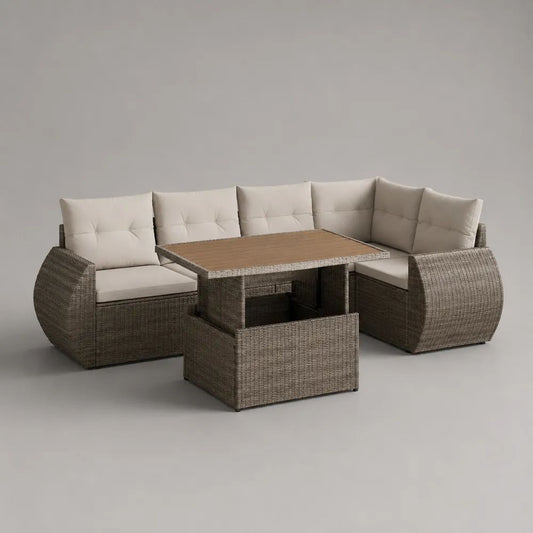 Salotto angolare da esterno a 5 posti con tavolo elevabile in rattan PE, tortora e beige, 230 x 172 x 80 cm