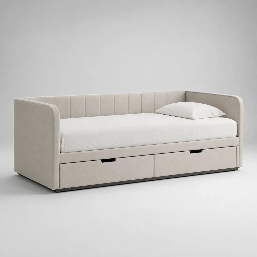Letto singolo imbottito in tessuto beige chiaro con 2 cassetti, 212 x 102 x 85 cm, per materasso 90 x 200 cm