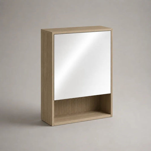 Armadietto da bagno rettangolare in MDF effetto rovere chiaro con specchio e vano aperto, 60 x 15 x 80 cm