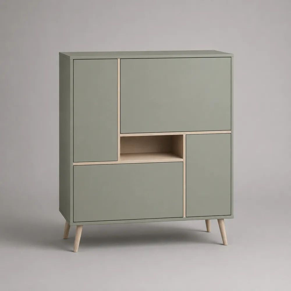 Scarpiera rettangolare a 4 ante in MDF verde salvia ed effetto rovere chiaro, 90 x 35 x 110 cm