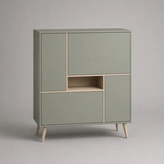 Scarpiera rettangolare a 4 ante in MDF verde salvia ed effetto rovere chiaro, 90 x 35 x 110 cm