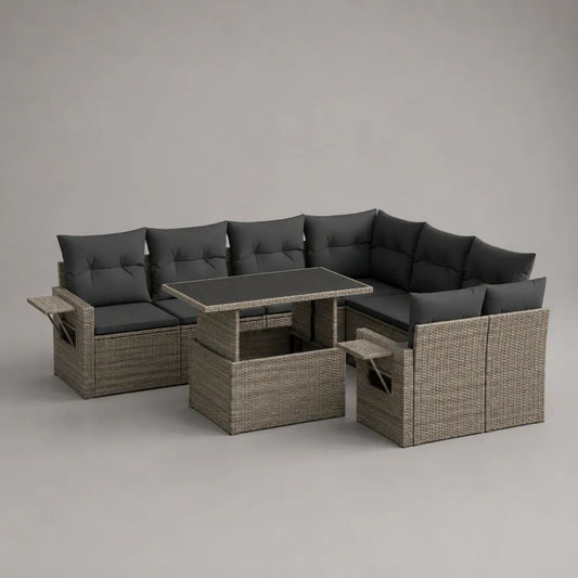 Set salotto da giardino angolare 7 pezzi, 9 posti, in rattan PE e acciaio con tavolo rettangolare, 240 × 180 × 74 cm, grigio talpa e antracite
