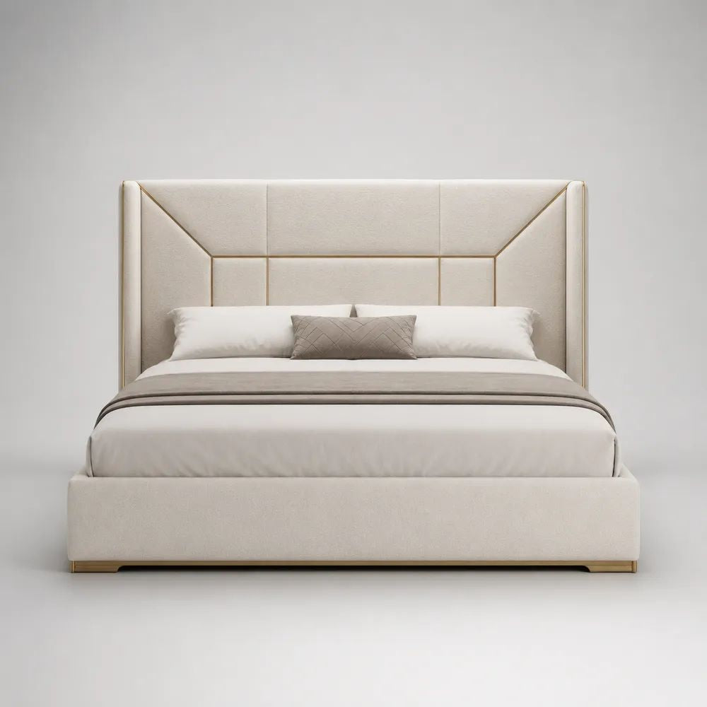 Letto matrimoniale imbottito 180 x 200 cm con testiera alta in tessuto bouclé avorio, profili dorati e rete a doghe