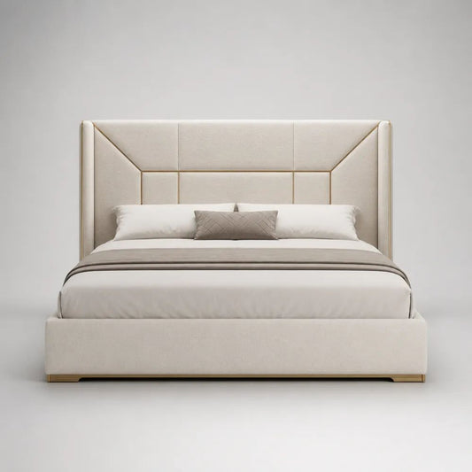 Letto matrimoniale imbottito 180 x 200 cm con testiera alta in tessuto bouclé avorio, profili dorati e rete a doghe