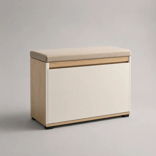 Panca scarpiera rettangolare con seduta imbottita in MDF e poliestere, bianco e rovere chiaro, 80 x 30 x 50 cm