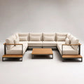 Set salotto da giardino a 6 posti con divano modulare a U e tavolino in acciaio e legno, cuscini beige, 350 x 220 x 78 cm