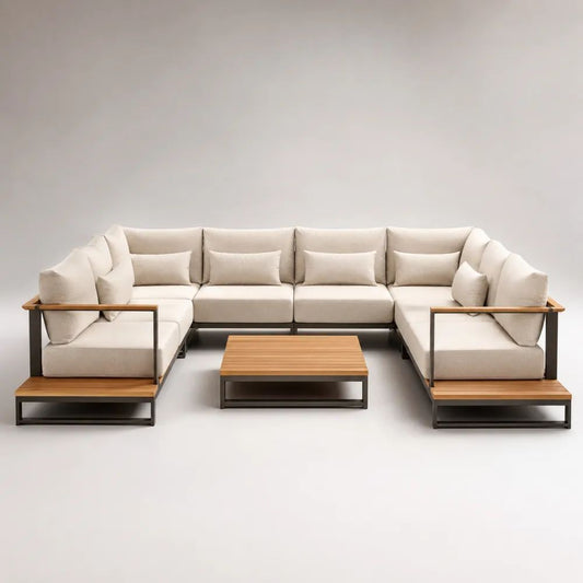 Set salotto da giardino a 6 posti con divano modulare a U e tavolino in acciaio e legno, cuscini beige, 350 x 220 x 78 cm
