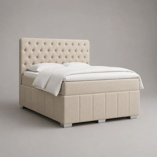 Letto matrimoniale imbottito in poliestere beige 160 x 200 cm con rete e testiera capitonné