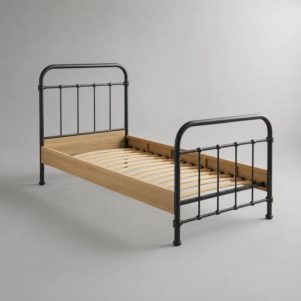 Letto singolo 90 x 190 cm con struttura in acciaio nero, pannelli effetto rovere naturale e rete a doghe
