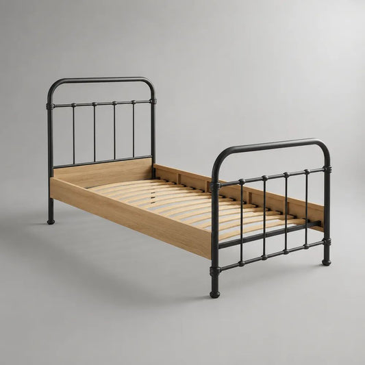 Letto singolo 90 x 190 cm con struttura in acciaio nero, pannelli effetto rovere naturale e rete a doghe