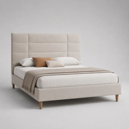 Letto matrimoniale imbottito beige per materasso 160 x 200 cm con testiera alta, 176 x 216 x 130 cm