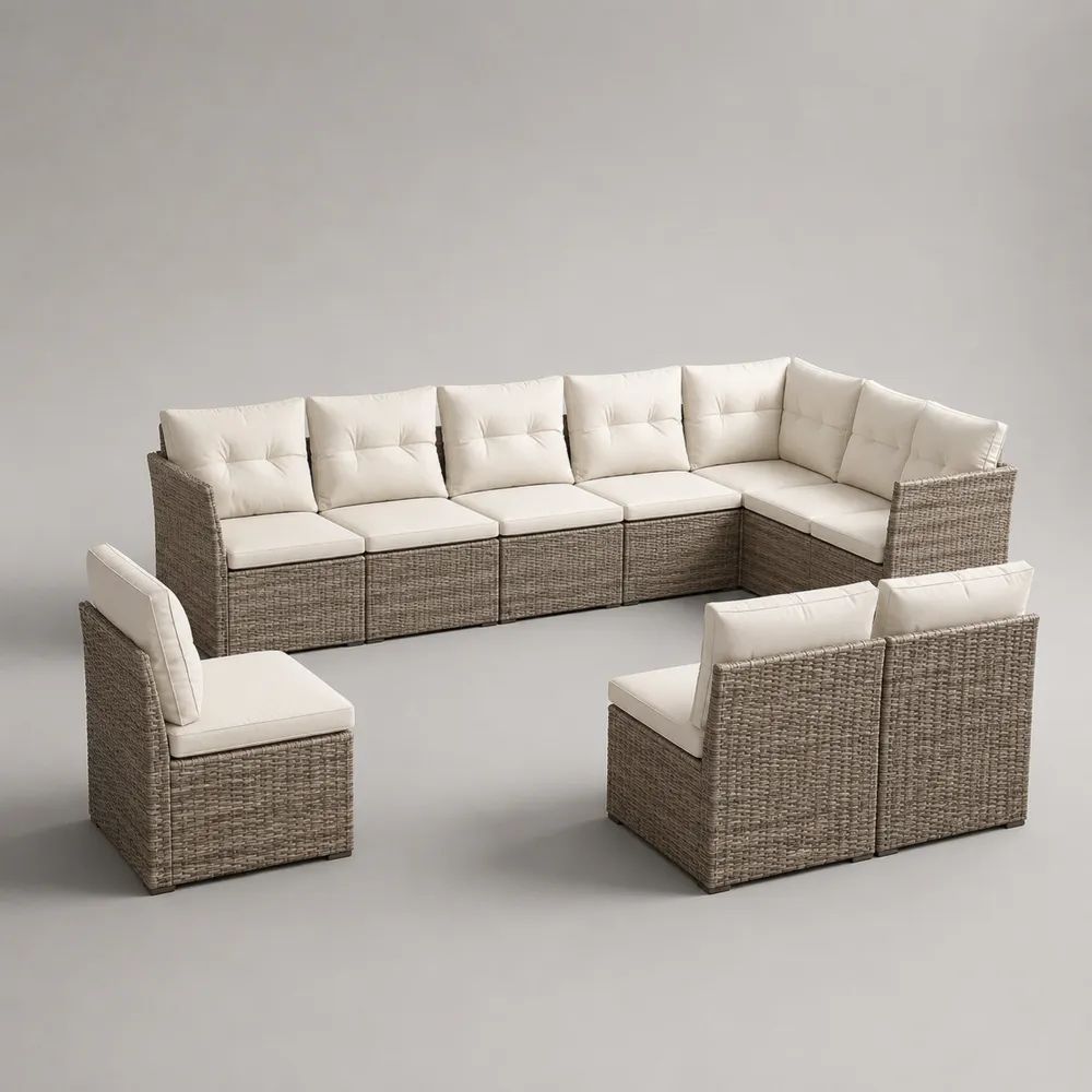 Set divano modulare da giardino per esterni a 9 posti in rattan PE beige con cuscini crema, moduli da 63 x 71 x 75 cm e 71 x 71 x 75 cm