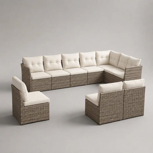 Set divano modulare da giardino per esterni a 9 posti in rattan PE beige con cuscini crema, moduli da 63 x 71 x 75 cm e 71 x 71 x 75 cm