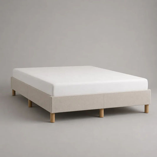 Letto matrimoniale imbottito 160 x 200 cm, 2 basi in legno e poliestere beige con gambe color naturale