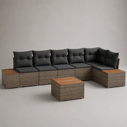 Completo divano angolare modulare da giardino 8 pezzi, 5 posti, in polyrattan, acciaio e legno, marrone e antracite, 325 × 205 × 75 cm