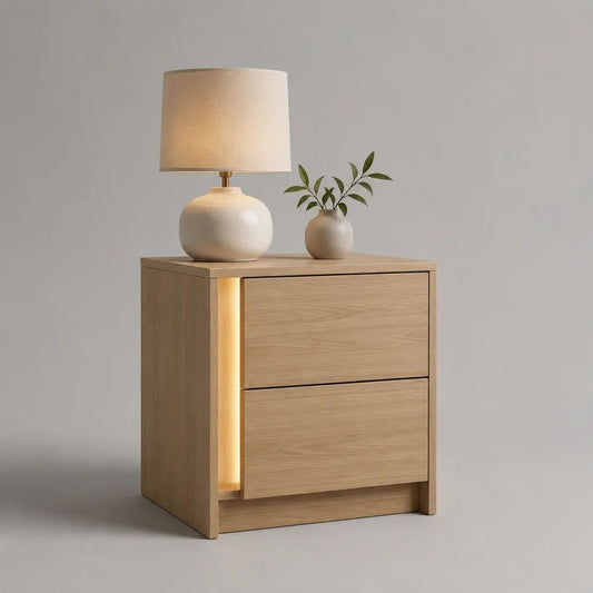 Comodino rettangolare con 2 cassetti e luce LED, pannelli melaminici effetto rovere naturale, 50 × 40 × 60 cm