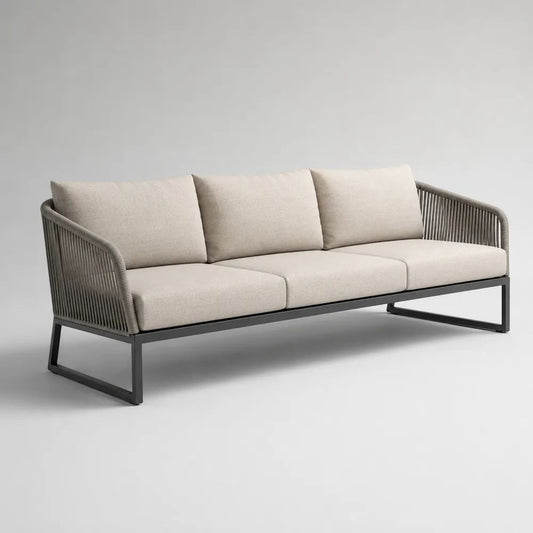 Divano da giardino rettangolare a 3 posti in alluminio verniciato, corda PE e tessuto beige, tortora e nero, 210 x 80 x 75 cm