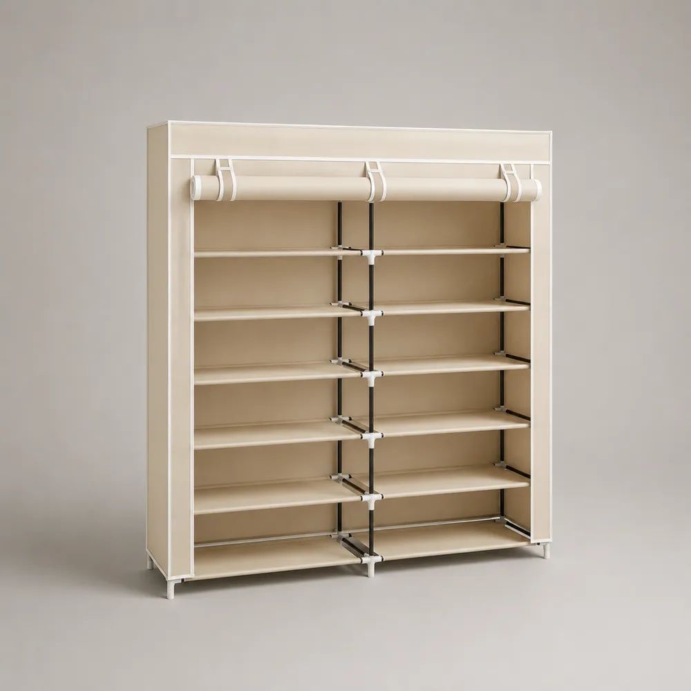 Scarpiera rettangolare beige, nera e bianca con copertura avvolgibile, struttura in acciaio e tessuto, 6 ripiani e 12 vani, 118 × 30 × 145 cm