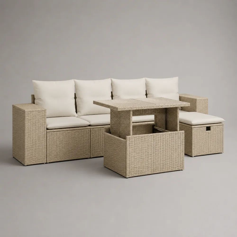 Set divano da giardino a 6 posti in rattan beige con tavolo rettangolare, 2 pouf e cuscini crema, 220 x 140 x 75 cm