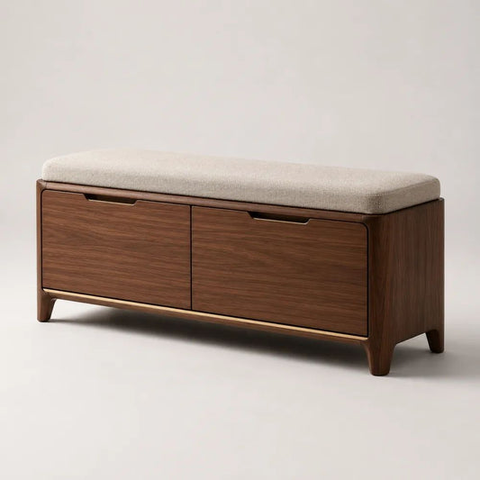 Panca scarpiera rettangolare in legno con seduta imbottita e 2 vani ribaltabili, marrone noce e beige, 100 x 35 x 50 cm
