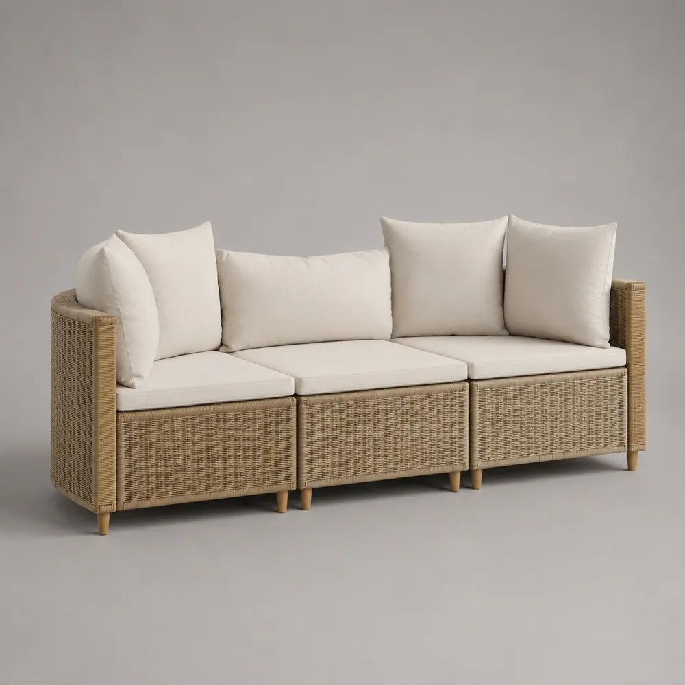 Divano modulare da esterno a 3 posti, set di 3 moduli in polyrattan PE beige con cuscini crema, 210 x 75 x 78 cm