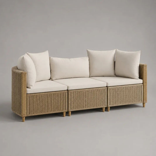 Divano modulare da esterno a 3 posti, set di 3 moduli in polyrattan PE beige con cuscini crema, 210 x 75 x 78 cm