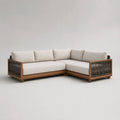 Divano angolare da esterno a 5 posti in 2 moduli, legno massello di acacia e corda PP, cuscini beige, 265 x 210 x 76 cm