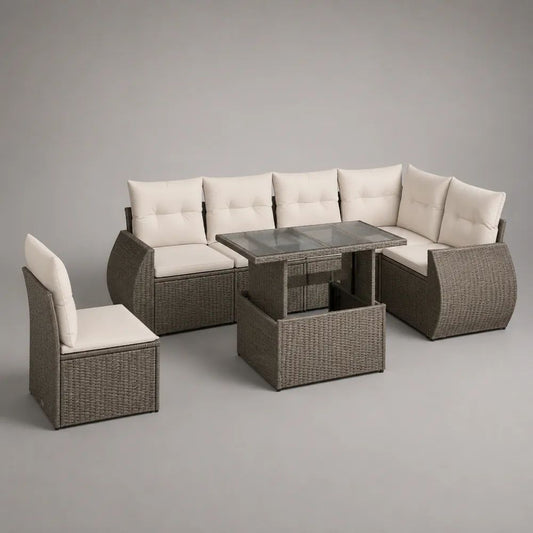 Set divano angolare da esterno a 8 posti in rattan sintetico grigio tortora con cuscini beige crema, 240 x 180 x 76 cm, tavolo 120 x 70 x 68 cm
