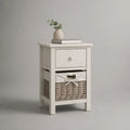 Comodino con cassetto e cestino in MDF, pino massello e salice intrecciato, bianco, 40 × 35 × 65 cm
