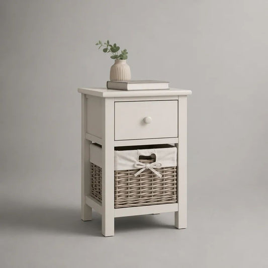 Comodino con cassetto e cestino in MDF, pino massello e salice intrecciato, bianco, 40 × 35 × 65 cm