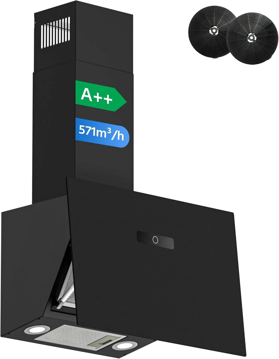 Cappa aspirante, 60 cm, 571 m3/h, cappa da cucina, touch, nero, aspirazione potente 571m3, TouchControl, 9 livelli, vetro nero, con molla di pressione