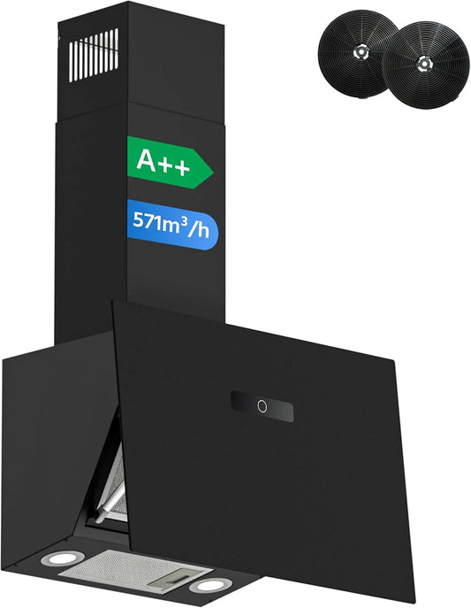 Cappa aspirante, 60 cm, 571 m3/h, cappa da cucina, touch, nero, aspirazione potente 571m3, TouchControl, 9 livelli, vetro nero, con molla di pressione