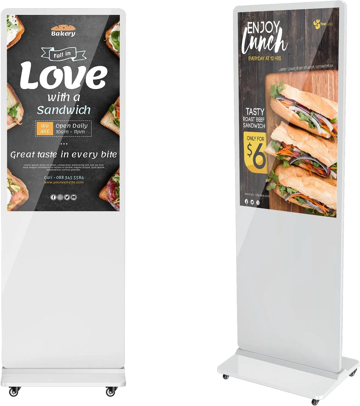 Display digital signage, display pubblicitario LCD, touch, Wi-Fi, Android OS, Full HD, HDMI, USB, visualizzazione pubblicitaria digitale, bianco