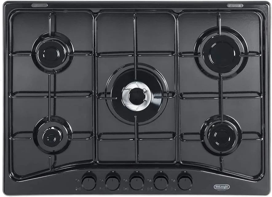 Delonghi FFN57ASV Piano cottura a gas, 70 CM, 5 fuochi, fornello a gas, nero, DELONGHI FFN 57 ASV PIANO COTTURA 5 FUOCHI A GAS GRIGLIE SMALTATE 70 CM