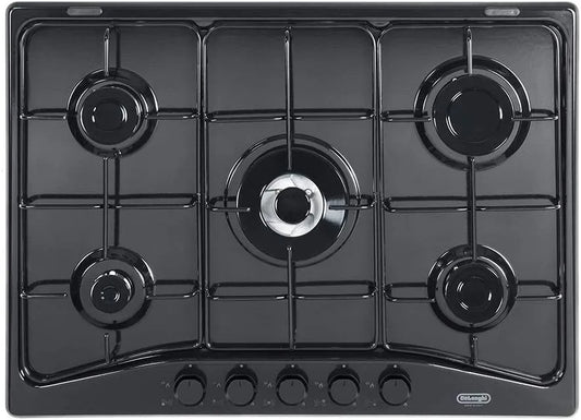 Delonghi FFN57ASV Piano cottura a gas, 70 CM, 5 fuochi, fornello a gas, nero, DELONGHI FFN 57 ASV PIANO COTTURA 5 FUOCHI A GAS GRIGLIE SMALTATE 70 CM