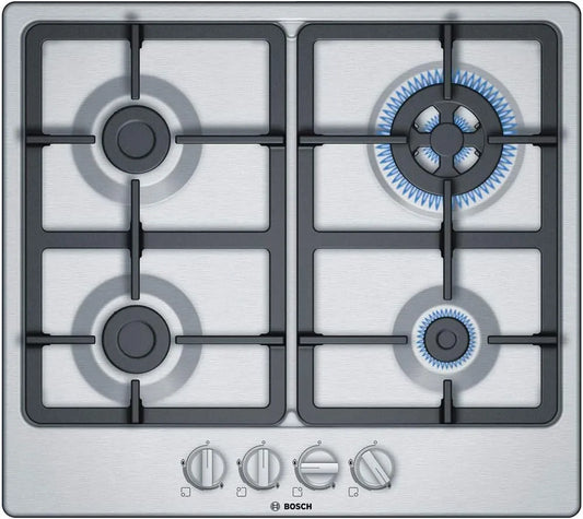 Bosch Serie 4 Pgh6B5B90 Piano cottura a gas, 60 Cm, 3 fuochi, ghisa, acciaio inox, fornello a gas, Bruciatore Wok: Potenza Fino a 3, 3 zone + Wok
