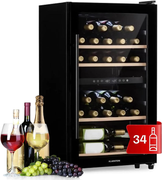 Klarstein Cantinetta vino, 34 bottiglie, 5 a 18 °C, touch, Mini Bar con Protezione UV, Frigo Bar, Frigo Touch, Cantinetta Vino Refrigerata a Zona