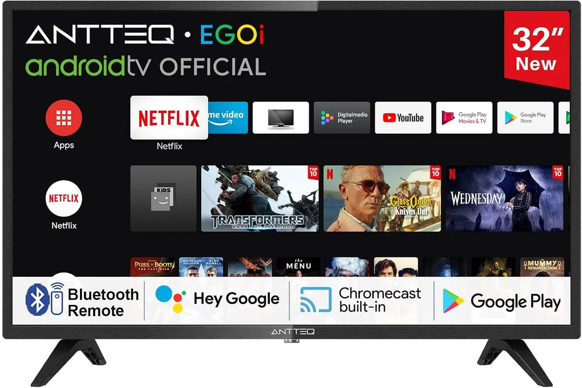 Smart TV, 32 pollici, televisore, Antteq AG32H3, triplo tuner DVB-T2, S2, Wi-Fi, Bluetooth, Android OS, 80cm, Android TV LED con Voice Assistance