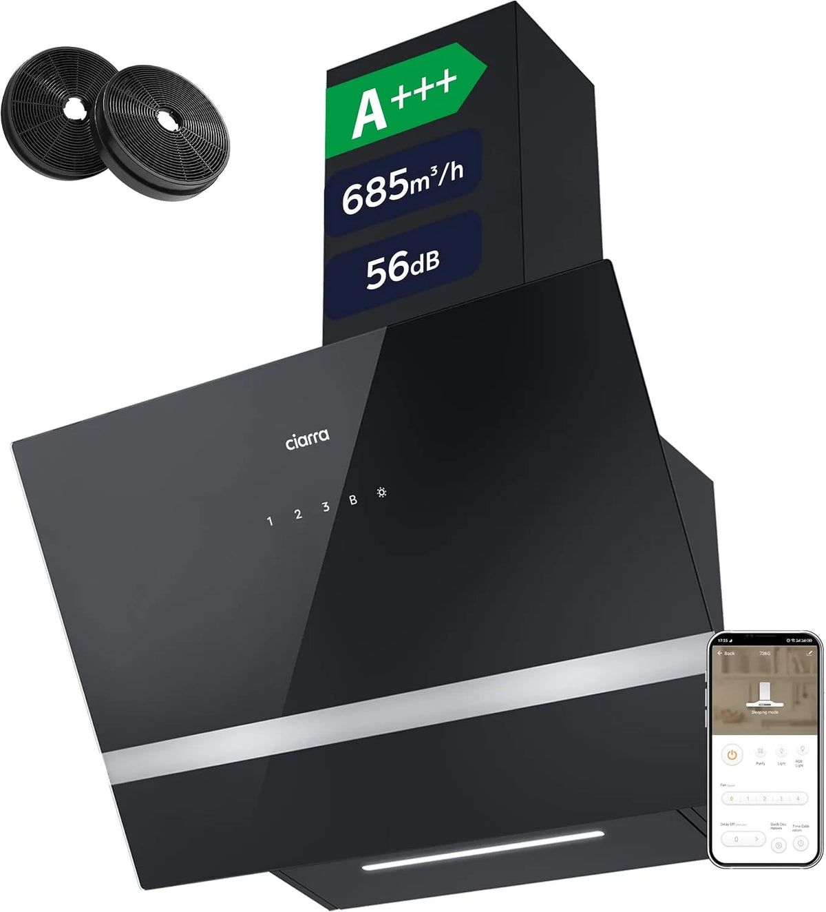 CIARRA CBCB6736H Cappa aspirante, 60cm, classe energetica A, cappa da cucina, inclinata, nero