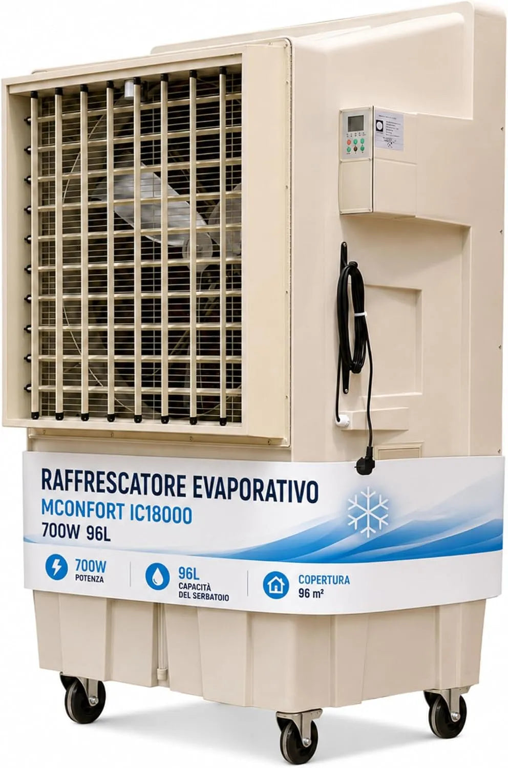 serbatoio 96 l, Climatizzatore evaporativo industriale professionale, portata 18000 m3/h, copertura 200 m2, VONALA IC18000, 700 W