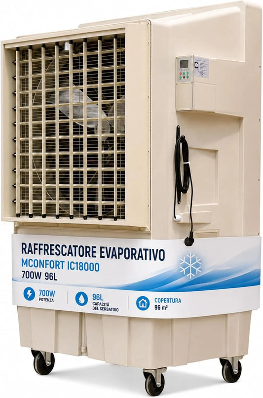 serbatoio 96 l, Climatizzatore evaporativo industriale professionale, portata 18000 m3/h, copertura 200 m2, VONALA IC18000, 700 W