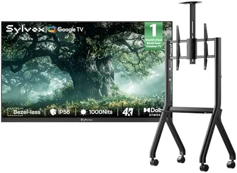 Smart TV, 43 pollici, televisore, esterno, ruote di trasporto, Frameless, + Copertura + Supporto TV con Ruote
