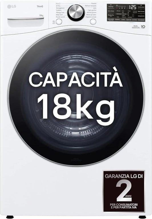 LG RH18U8AVCW Asciugatrice, 18 kg, classe energetica A, Wi-Fi, Inverter, bianco, Intelligenza Artificiale AI Dry, Serie U8, Pompa di Calore DUAL