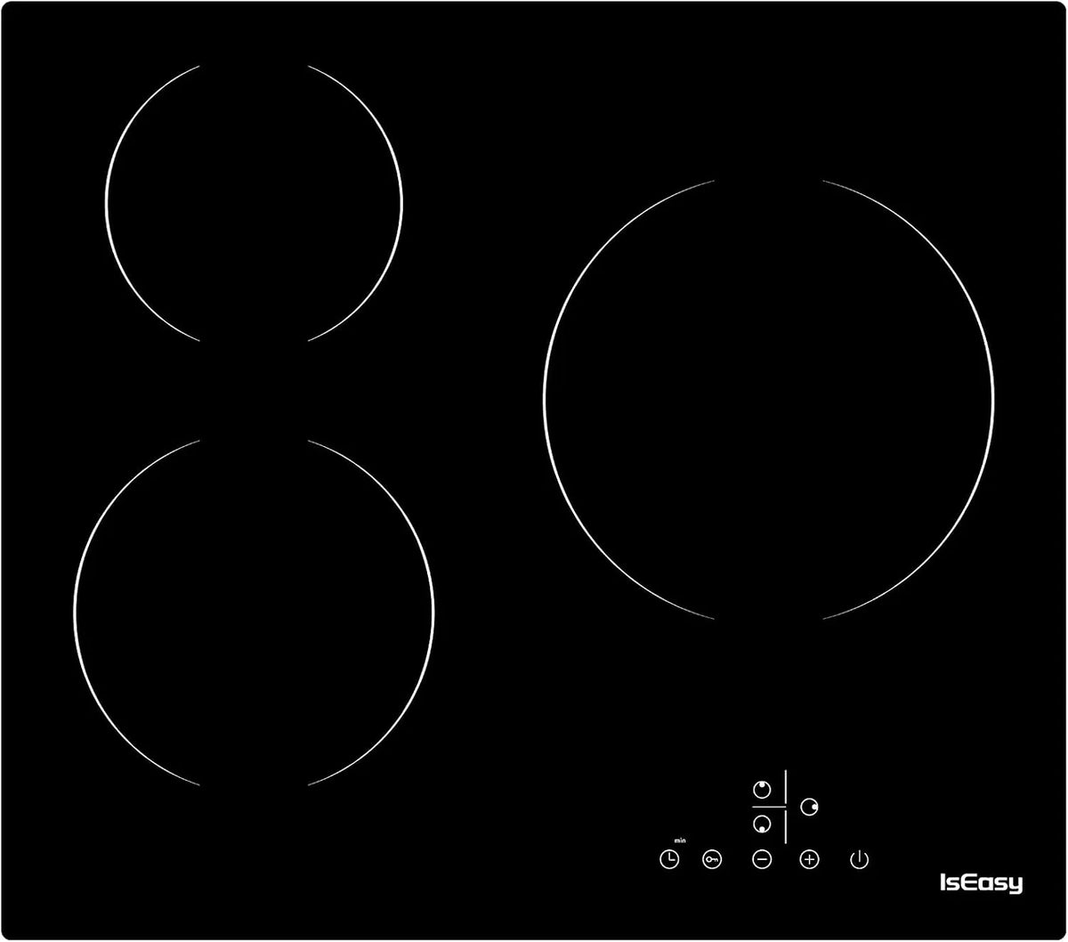 Piano cottura elettrico, 60 cm, 3 fuochi, 6600 W, da incasso, touch, timer, piastra elettrica, vetro-ceramica, -3 zone, automatica