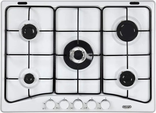 Delonghi FFB57ASV Piano cottura a gas, 70 CM, 5 fuochi, fornello a gas, bianco, DELONGHI FFB 57 ASV PIANO COTTURA 68