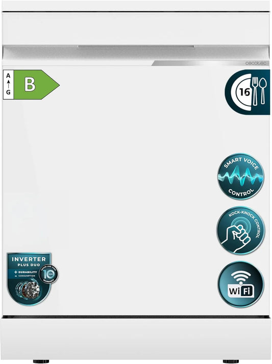 Cecotec Bolero Aguazero 7000 Lavastoviglie, 60cm, 16 programmi, libera installazione, Wi-Fi, Inverter, bianco, Vassoio Posate, Controllo Vocale