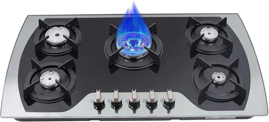 Piano cottura a gas, 5 fuochi, da incasso, acciaio inox, fornello a gas, con controllo automatico della fiamma, potente