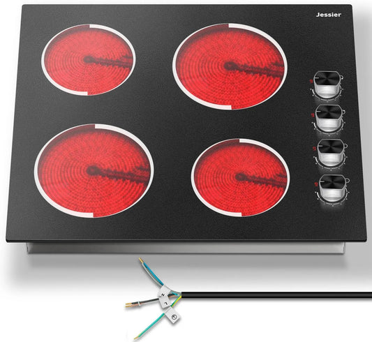 Piano cottura elettrico, 59 CM, 4 fuochi, 6000 W, 220 V, da incasso, libera installazione, piastra elettrica, 9 Livelli, Piano Cottura Vetroceramica 4