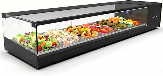 Prodotto 132 x 38 cm, Vetrina con coperchi Logic WORLDMAI x SAYL, 6 vasche GN 1, 3 per alberghi. Vetrina espositrice refrigerata professionale da