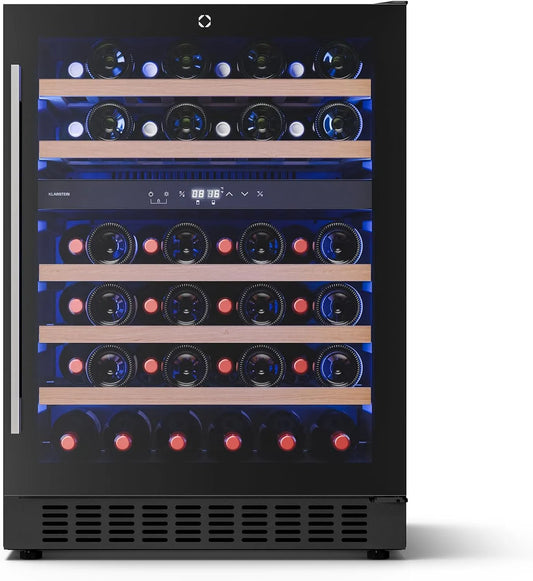 Klarstein Cantinetta vino, 46 bottiglie, 2 fuochi, 5 a 22 °C, da incasso, touch, LED, 2 Zone, Porta UV, Ripiani in Legno, Silenziosa, Cantina Frigo